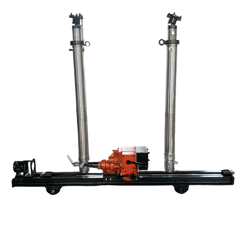 ZQJC Series Double-Column Drill - Prop Adjustment View ZQJC Series double-column pneumatic drill demonstrating dual-prop height and tilt angle adjustment for roof and sidewall drilling - Yunyi Cang